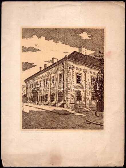 Olvashatatlan jelzéssel: Toldalagi-Korda- palota. (Kolozsvár) Litográfia, papír, keret nélkül, jelzett, sérült, 20x17cm