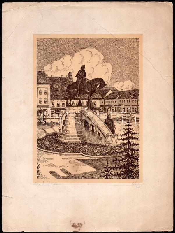Olvashatatlan jelzéssel: Mátyás király szobor. (Kolozsvár) Litográfia, papír, keret nélkül, jelzett, sérült, foltos. 21x16,5cm