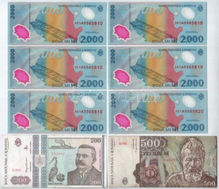 Románia 1992. 200L + 1991. 500L + 1999. 2000L 'Napfogyatkozás' (6x, közte sorszámkövetők és közeli sorszám) T:I-III Romania 1992. 200 Lei + 1991. 500 Lei + 1999. 2000 Lei 'Solar eclipse' (6x, within consecutive serials and close serial)