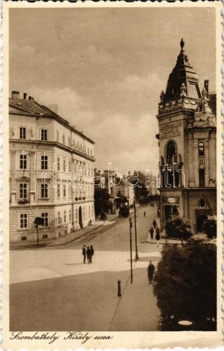 1926 Szombathely, Király utca, villamos, Mezőgazdasági, Takarék és Hitelbank R.T. palotája. Szilárd felvétele. Donáth Gyula kiadása (EK)
