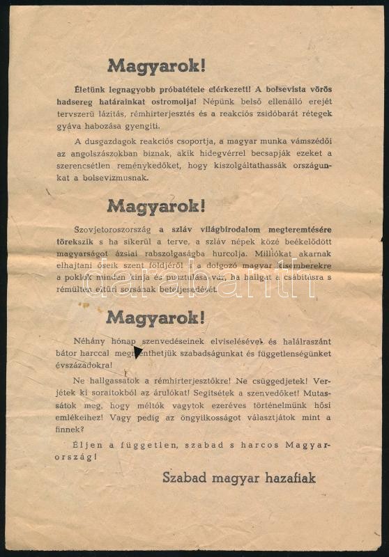 1945 'Magyar dolgozók!', 'Magyarok!', 2 db szovjetellenes, a harc folytatására buzdító II. világháborús röpcédula, sérülésekkel
