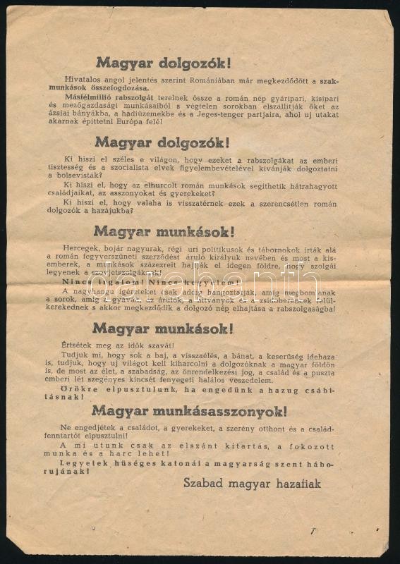 1945 'Magyar dolgozók!', 'Magyarok!', 2 db szovjetellenes, a harc folytatására buzdító II. világháborús röpcédula, sérülésekkel - Image 2