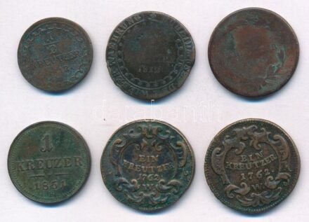 Ausztria 1762-1851. 1/2kr - 1kr Cu (6db/5xklf) közte 1762W 1kr Cu 'Mária Terézia' T:2-3 patina, ü. Austria 1762-1851. 1/2 Kreutzer - 1 Kreuzer Cu (6pcs/5xdiff) within 1762W 1 Kreutzer Cu 'Maria Theresia' C:XF-F patina, ding