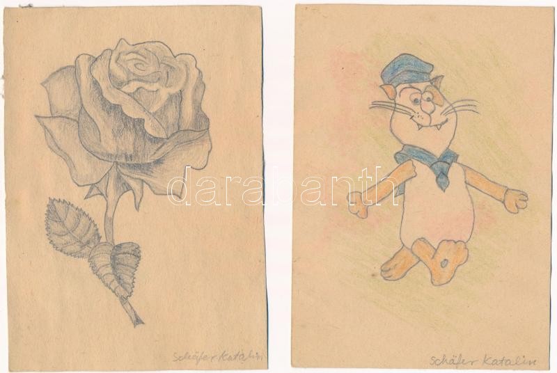 4 db régi kézzel készült képeslap tokban, Schäfer Karalin / 4 pre-1945 hand-drawn postcards in case by Katalin Schäfer