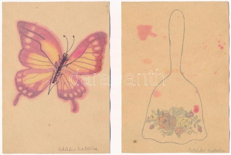 4 db régi kézzel készült képeslap tokban, Schäfer Karalin / 4 pre-1945 hand-drawn postcards in case by Katalin Schäfer - Image 2