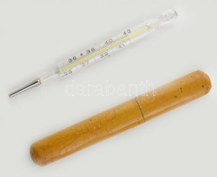 Uebe régi, jelzett higanyos láz- hőmérő tokban.h:13cm