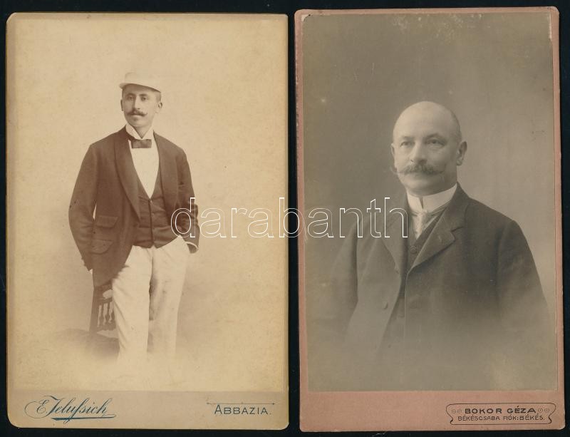 cca 1863-1900 Vegyes férfi portréfotó tétel, 6 db keményhátú fotó, benne bécsi és Carlsbad-i, prágai fotókkal, valamint Békécsaba, Bokor Géza, Pest, Ellinger Ede, és Abbázia, E. Teluschich fotóival, a prágai hátoldalán