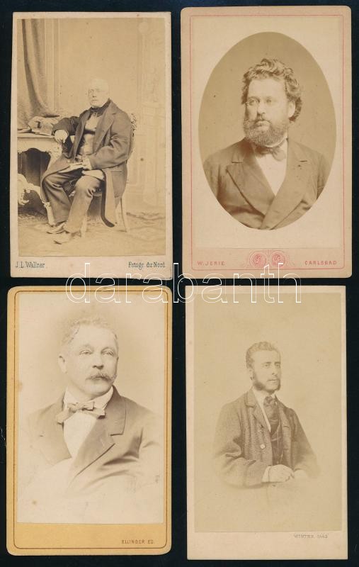 cca 1863-1900 Vegyes férfi portréfotó tétel, 6 db keményhátú fotó, benne bécsi és Carlsbad-i, prágai fotókkal, valamint Békécsaba, Bokor Géza, Pest, Ellinger Ede, és Abbázia, E. Teluschich fotóival, a prágai hátoldalán - Image 2
