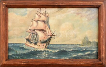 K. Kaufmann jelzéssel: Vitorlás. Olaj, karton. Fa keretben. 23x38 cm