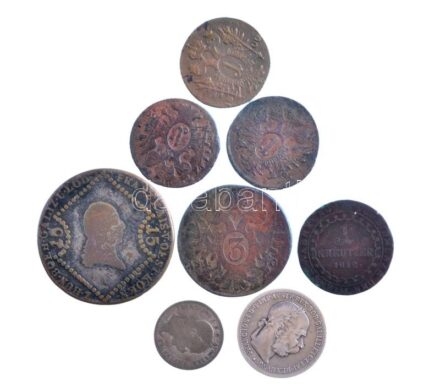 Ausztria 1800-1901. 1kr - 15kr Cu, Ag (8xklf) közte 1800E 3kr Cu 'I. Ferenc' és 1901. 1K Ag 'Ferenc József' T:2-3 patina, ü. Austria 1800-1901. 1 Kreuzer - 15 Kreuzer Cu, Ag (8xdiff) within 1800E 3 Kreuzer Cu 'Franz I' and 1901. 1 Corona Ag