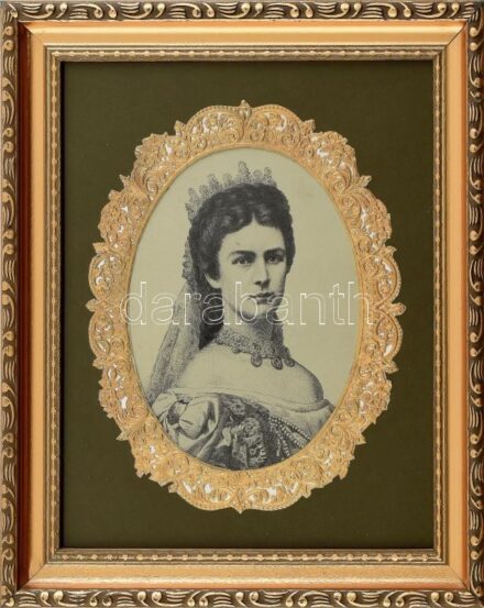 Erzsébet királyné (Sisi) portréja. Modern nyomat. Dekoratív, üvegezett fa keretben. 15,5x12 cm