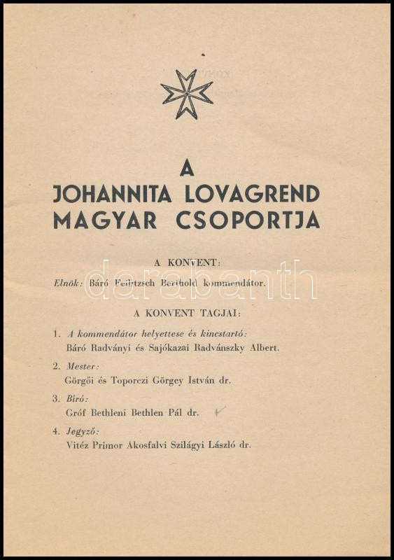 1944 A Johannita Lovagrend magyar logjainak névsora 1944. Bp., 1944., Stádium, 11 p. Kiadói apírkötés, kissé foltos borítóval. - Image 2