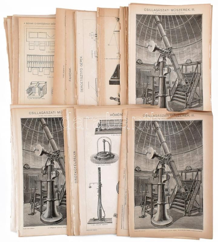 cca 1890-1900 kb. 60 db technika, tudomány témájú nyomat és metszet a Pallas Nagy Lexikonából és a Meyer's Lexikonából, helyenként kissé foltos, 20x17 cm körüli méretben