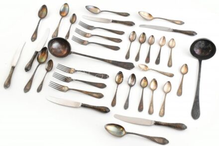 Hat személyes orosz alpakka evőeszköz készlet, jelzett, kisebb kopásnyomokkal, jelzett.