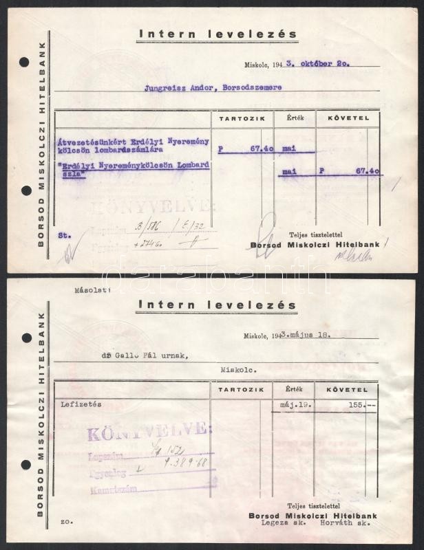 1943 Miskolc, Borsod-Miskolczi Hitelbank 2 db 'intern' levelezés