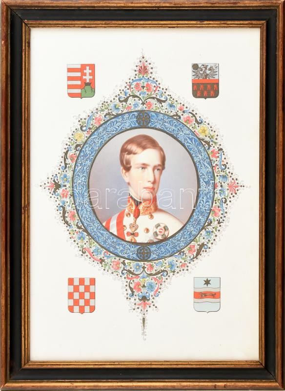 Ferenc József fiatalkori mellkép kitüntetésekkel. Kromolitográfia (?), papír, jelzés nélkül. Paszpartu címerekkel díszítve. Üvegezett, dekoratív fakeretben. 36x27 cm