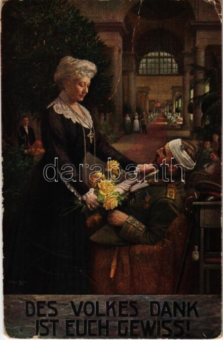 1916 Des Volkes dank ist euch Gewiss! Wohlfahrts-Karte der Genossenschaft freiwillig Krankenpfleger im Kriege vom Roten Kreuz / WWI German military art postcard, Empress Augusta Victoria with injured soldier, Red Cross support fund s: Art. Fischer