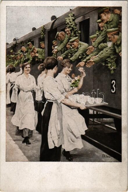 Erfrischungsstation. Kriegspostkarten von B. Wennerberg Nr. 2. / WWI German military art postcard s: B.W.