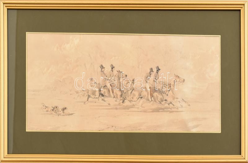 Vágtató lovak és kutyák. Színezett litográfia, papír. jelzés nélkül. Üvegezett, dekoratív fakeretben. 16x40 cm