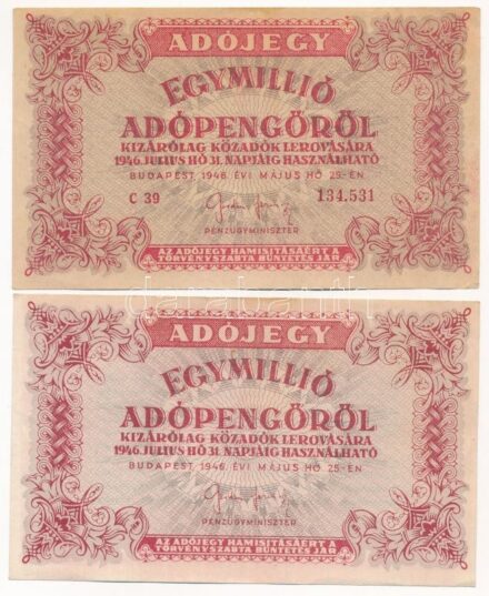1946. 1.000.000AP (2xklf), sorszámos és sorszám nélküli, fordított és normál címerrel T:III