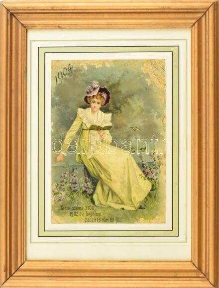 1904 Ülő olvasó hölgy. Kromolitográfia, dombornyomott szecessziós díszítéssel. Jelzés nélkül. Feltehetően egy kiadó reklámja. Sérült. Dekoratív, kissé sérült üvegezett fakeretben. 27x19,5 cm