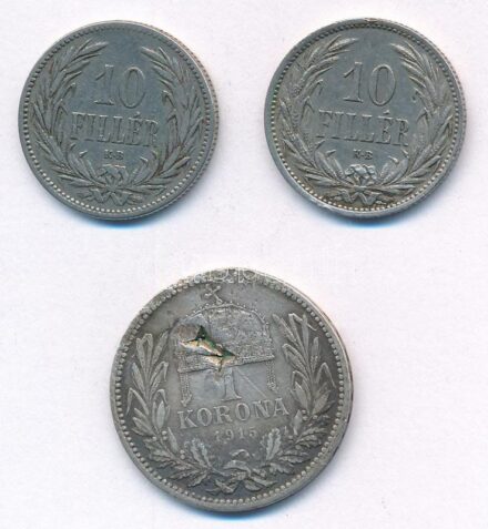 1893KB 10f Ni + 1908KB 10f Ni + 1915KB 1K Ag 'Ferenc József' T:2,2- patina, ph, az egyik érmén egy nagyobb sérülés
