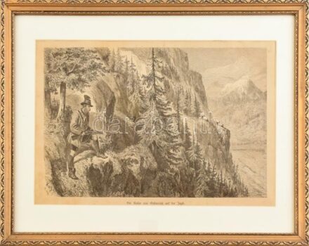 Vinzenz Katzler (1823-1882), Hermann Paar (1838-1899): I. Ferec József császár és magyar király vadászaton (Der Kaiser von Österreich auf der Jagd). Fametszet, papír. Jelzett a metszeten. Lapszéli apró foltokkal. Dekoratív, üvegezett