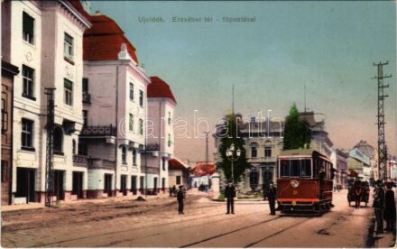1914 Újvidék, Novi Sad; Erzsébet tér, Főposta, villamos / square, post office, tram