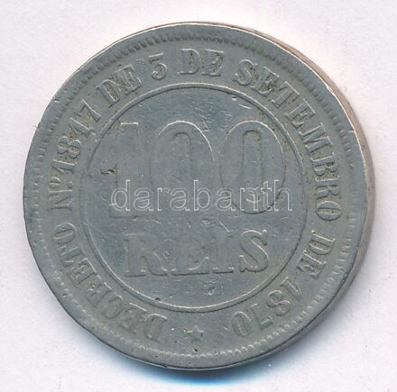 Brazília 1883. 100R Cu-Ni T:3 Brazil 1883. 100 Reis Cu-Ni C:F Krause KM#477