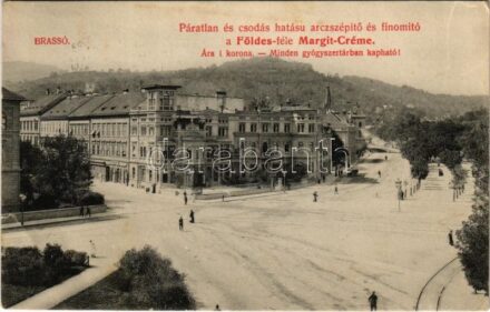 1910 Brassó, Kronstadt, Brasov; Villa Kertsch, Kapu utca, tér. Földes-féle Margit Creme reklám / square, villa, street. Cosmetic cream advertisement (kis szakadás / small tear)