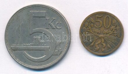 Csehszlovákia 1926. 5K Cu-Ni + 1947. 50h sárgaréz T:2- Czechoslovakia 1926. 5 Korun Cu-Ni + 1947. 50 Haleru brass C:VF Krause KM#10, KM#21