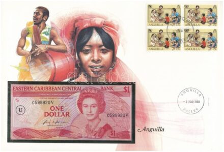 Kelet-Karibi Államok / Anguilla 1985-1988. 1$ felbélyegzett borítékban, bélyegzéssel T:I Eastern Caribbean States / Anguilla 1985-1988. 1 Dollar in envelope with stamp and cancellation C:UNC