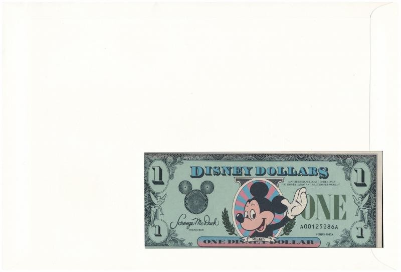 Amerikai Egyesült Államok 1987A 1DD bankjegyes borítékban, elsőnapi bélyegzéses bélyeggel T:1 USA 1987A 1 Disney Dollar in banknote envelope with first day of issue stamp C:UNC - Image 2