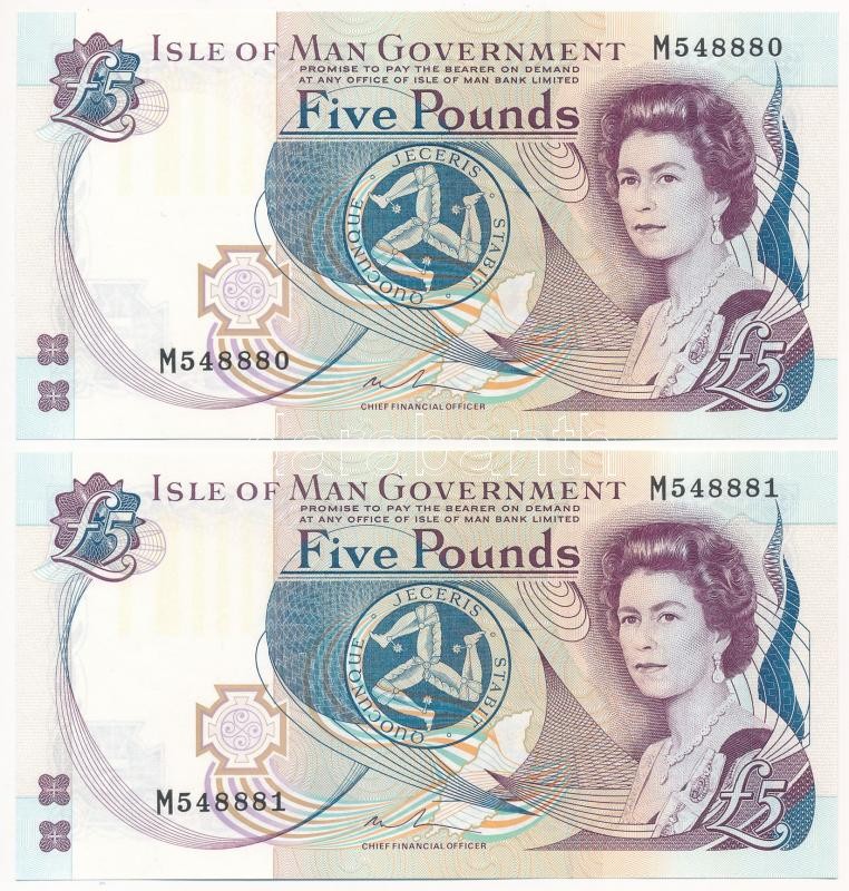 Man-sziget 2015. 5P (2x) 'M548880-M548881' sorszámkövetők T:I Isle of Man 2015. 5 Pounds (2x) 'M548880-M548881' consecutive serials C:UNC Krause P#48a