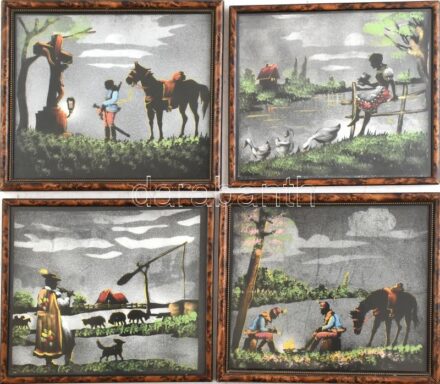 4 db selyemkép üvegezett keretben. 24x27 cm