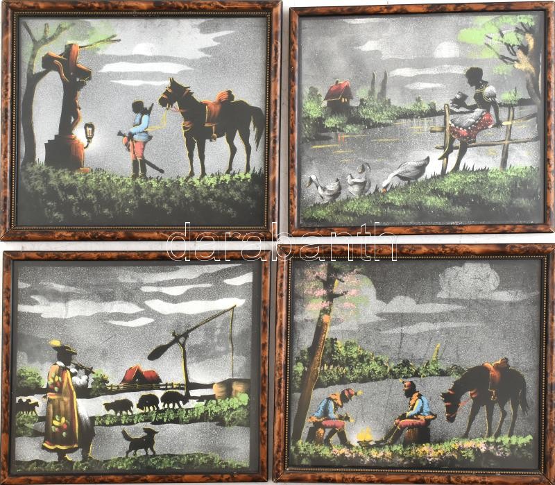 4 db selyemkép üvegezett keretben. 24x27 cm