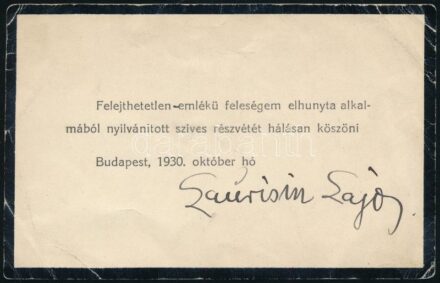 1930 Laurisin Lajos (1897-1977) magyar operaénekes aláírása egy kondoleáló levelet megköszönő kártyán