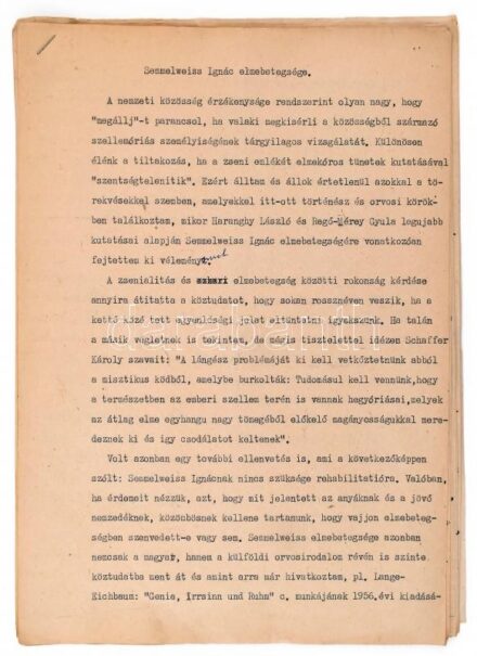 cca 1930 Nyírő Gyula: Semmelweis Ignác elmebetegsége gépirat, saját kezű javításokkal. 10 p.