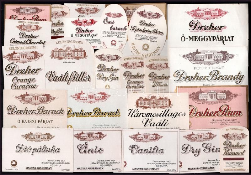 cca 1910-1940 28 db különféle, régi Dreher italcímke (likőr, pálinka, rum, stb.), nagyrészt jó állapotban, ritka!