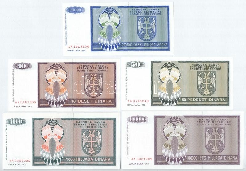 Bosznia-Hercegovina / Szerb Köztársaság / Banja Luka 1992. 10D + 50D + 1000D + 1993. 100.000D + 10.000.000D T:I Bosnia and Hercegovina / Serbian Republic / Banja Luka 1992. 10 Dinara + 50 Dinara + 1000 Dinara + 1993. 100.000 Dinara + 10.000.000