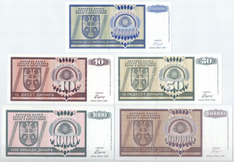 Bosznia-Hercegovina / Szerb Köztársaság / Banja Luka 1992. 10D + 50D + 1000D + 1993. 100.000D + 10.000.000D T:I Bosnia and Hercegovina / Serbian Republic / Banja Luka 1992. 10 Dinara + 50 Dinara + 1000 Dinara + 1993. 100.000 Dinara + 10.000.000 - Image 2
