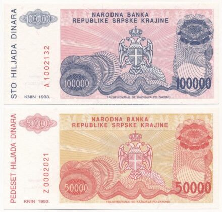 Horvátország / Krajnai Szerb Köztársaság 1993. 100.000D + 50.000D 'Z 0002021' sorszámmal T:I Croatia / Republic of Serbian Krajina 1993. 100.000 Dinara + 50.000D 'Z 0002021' serial number C:UNC