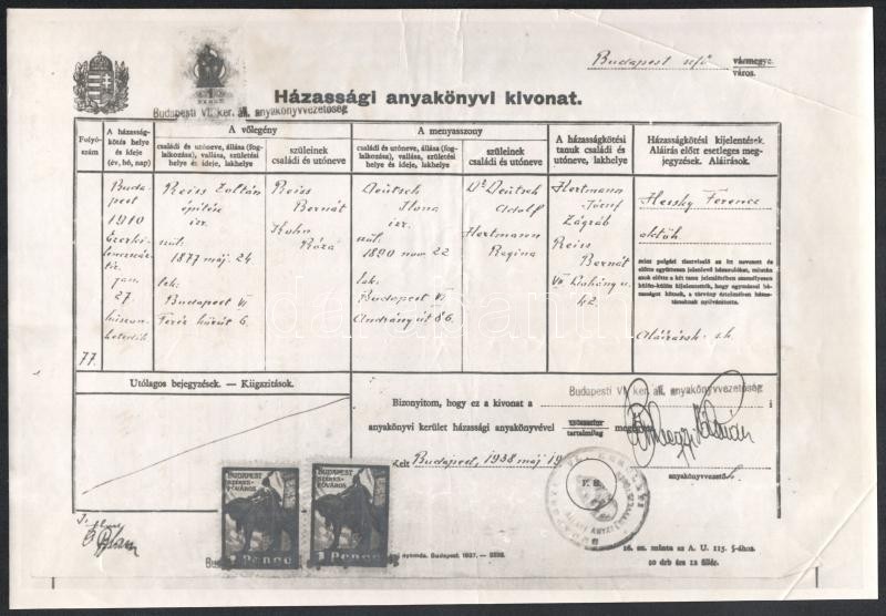 1910-1938 Reiss Zoltán építészmérnök házassági szerződése és házassági anyakönyvi kivonata - Image 3