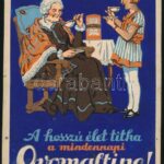 cca 1930 A hosszú élet titka a mindennapi Ovomaltine. Plakátterv. Akvarell, papír. Jelzés nélkül. Hátoldalán Globus nyomda bélyegzőjével. Lap tetején kisebb szakadásokkal, kissé foltos. 26x18 cm