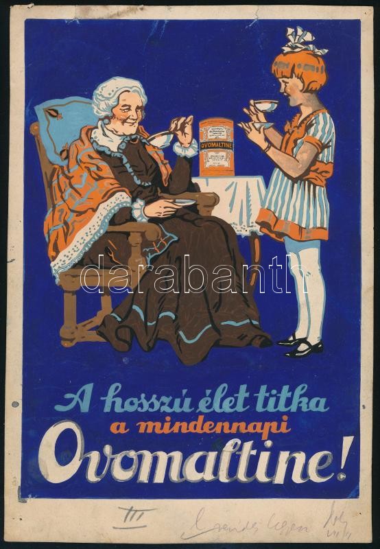 cca 1930 A hosszú élet titka a mindennapi Ovomaltine. Plakátterv. Akvarell, papír. Jelzés nélkül. Hátoldalán Globus nyomda bélyegzőjével. Lap tetején kisebb szakadásokkal, kissé foltos. 26x18 cm