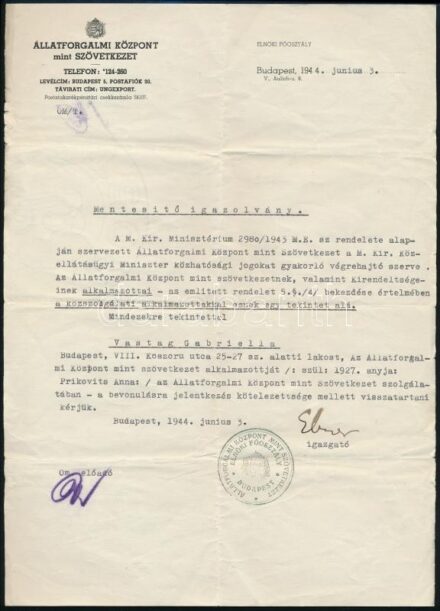 1944 Mentesítés bevonulási kötelezettség alól