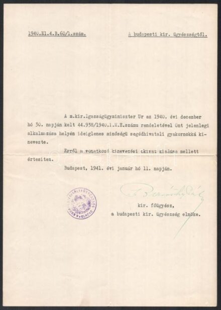 1941 Barátoshy Pál m. kir. főügyész aláírt kinevező levele