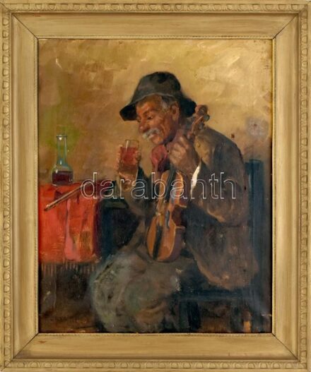 Horváth G. Andor (1876-1966): Borozó muzsikus. Olaj, vászon. Jelzett. Kopott, fakeretben, restaurált, sérült. 50×40 cm Budapesten Karlovszky Bertalannál, majd Lotz Károlynál és Bécsben az Akadémián tanult. Főleg arcképeket és