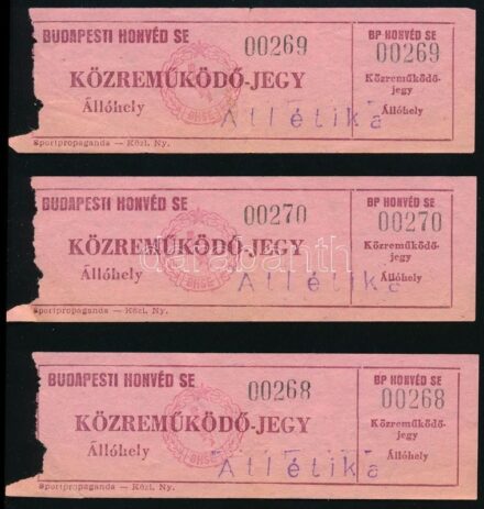Budapesti Honvéd SE. közreműködői jegyek, sorszámkövetők, 3 db.