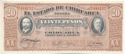 Mexikó 1915. 20P '2448137' T:I egy apró folt Mexico 1915. 20 Pesos '2448137' C:UNC one small spot Krause P#S537b